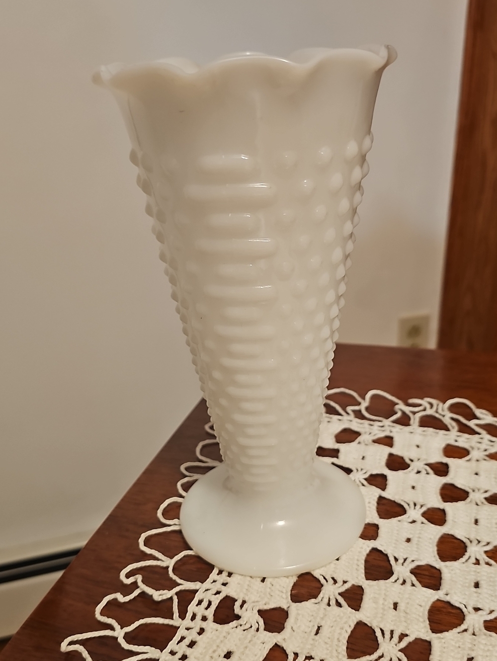 Vintage White Hobnail Trumpet  Milk Glass Vase